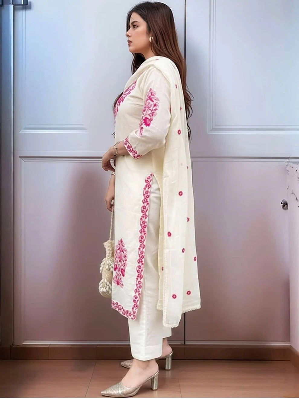Elegant White & Pink Floral Embroidered Cotton Kurta Set with Dupatta