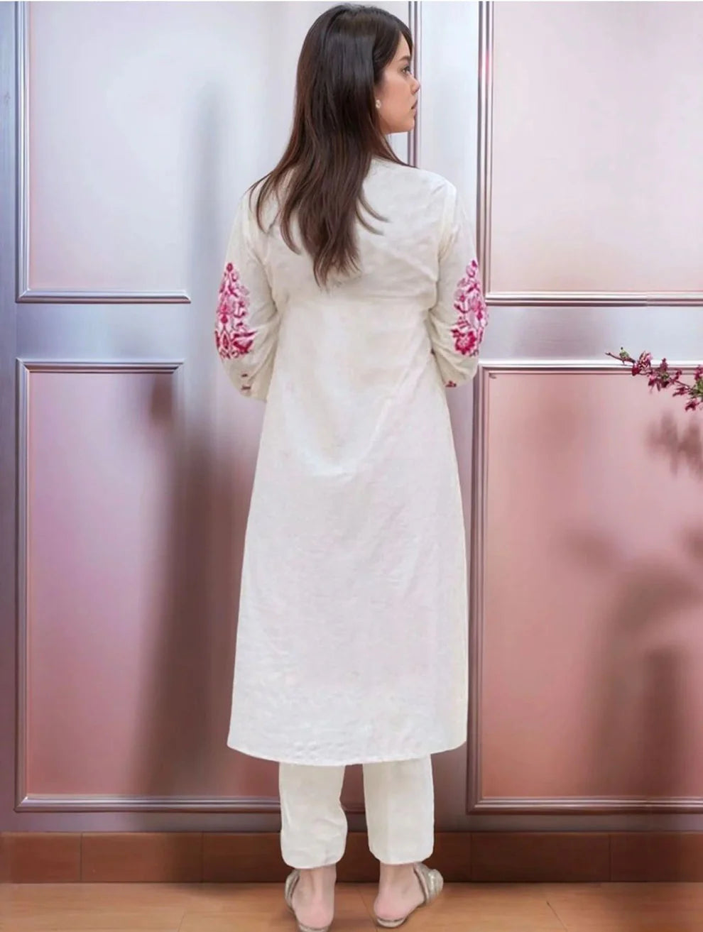 Elegant White & Pink Floral Embroidered Cotton Kurta Set with Dupatta