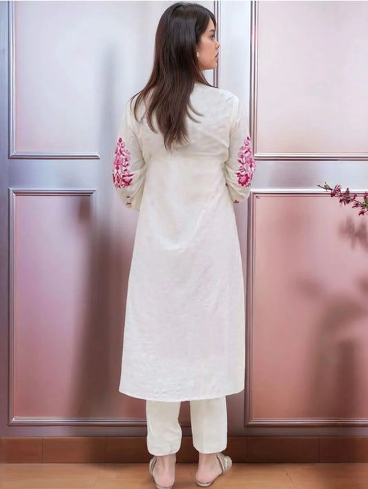 Elegant White & Pink Floral Embroidered Cotton Kurta Set with Dupatta