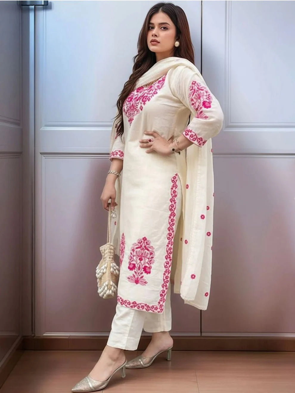 Elegant White & Pink Floral Embroidered Cotton Kurta Set with Dupatta