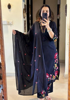 Premium Black Floral Kurti Pant Dupatta Set