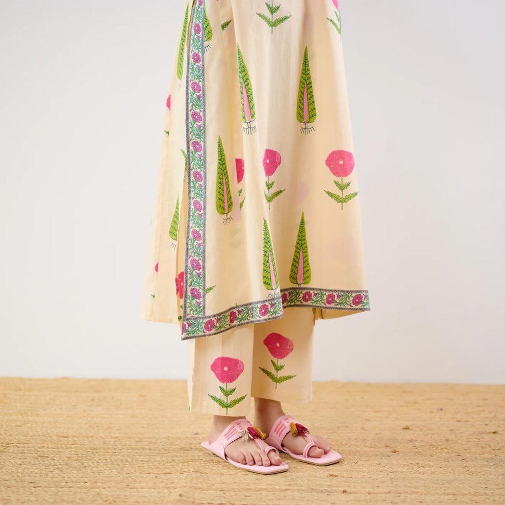 Cream Floral Printed Cotton Kurta Set for Women