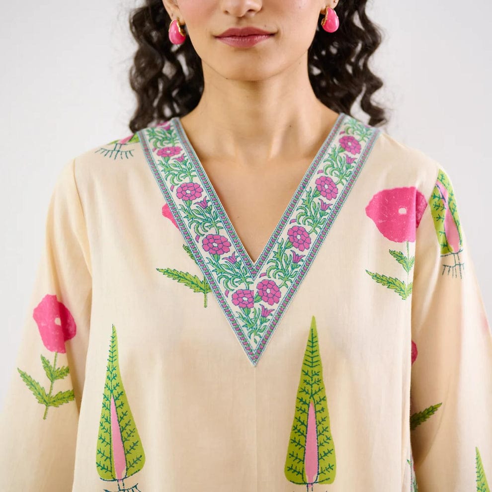 Cream Floral Printed Cotton Kurta Set for Women