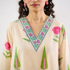 Cream Floral Printed Cotton Kurta Set for Women
