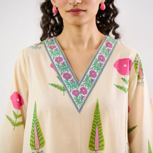Cream Floral Printed Cotton Kurta Set for Women