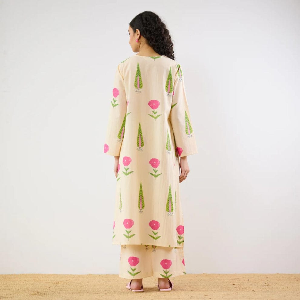 Cream Floral Printed Cotton Kurta Set for Women