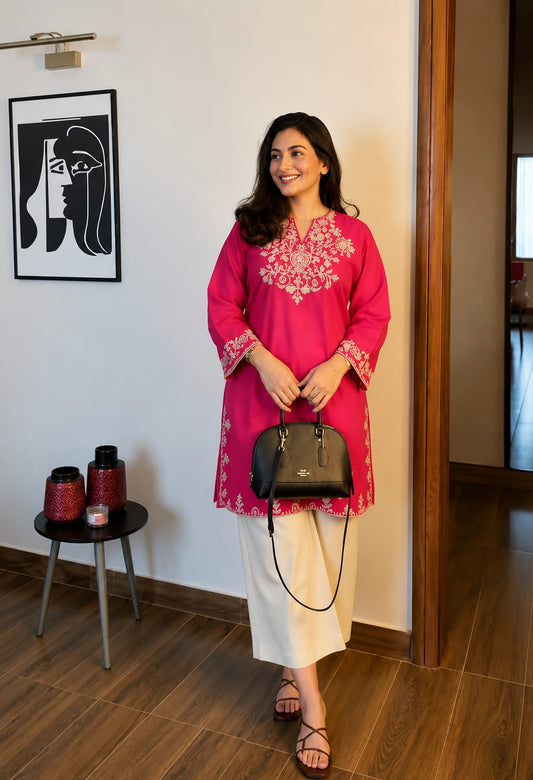 Rani Pink Embroidered Kurta with Off-White Palazzo Set