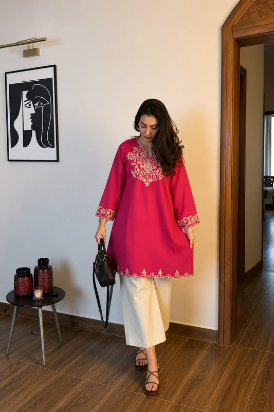 Rani Pink Embroidered Kurta with Off-White Palazzo Set