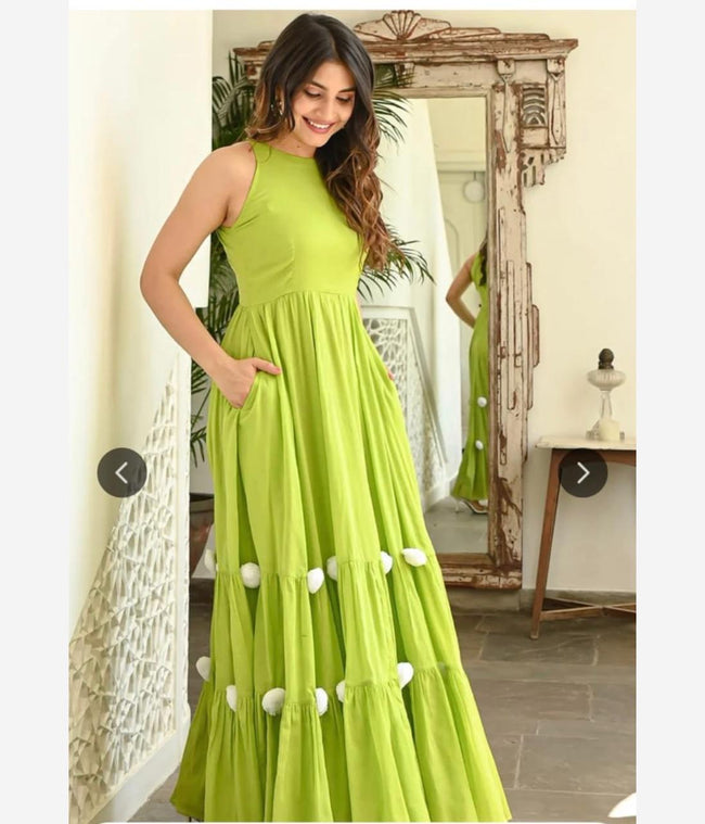 Lime Green Sleeveless Flared Maxi Dress with Pom-Pom Hem Hover Image