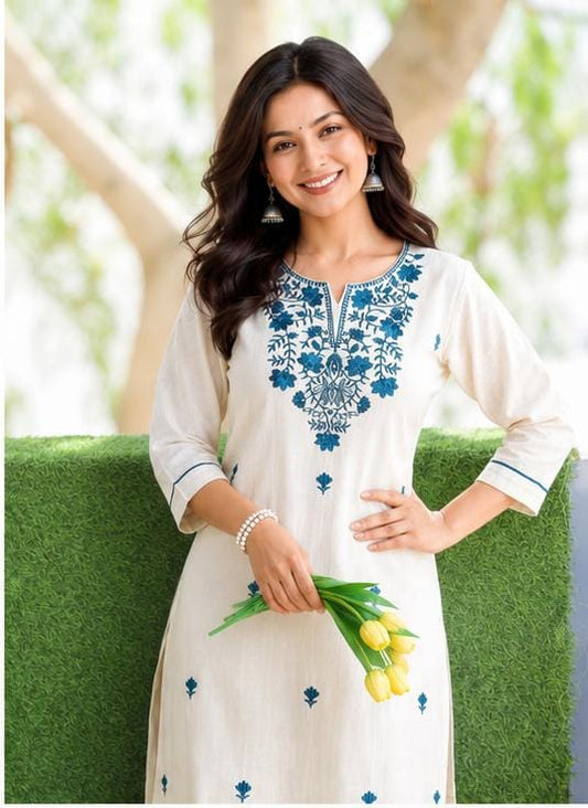 Ivory Blue Thread Embroidered Straight Kurta with Palazzo Set