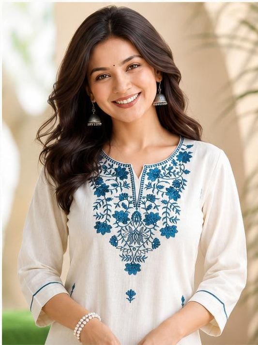 Ivory Blue Thread Embroidered Straight Kurta with Palazzo Set