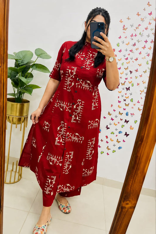 Crimson Red Tribal Print Button-Down Kurta Set
