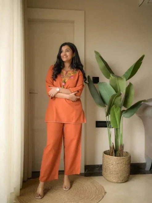 Sunset Orange Embroidered Kurta Co-Ord Set with Tassel Detailing Hover Image