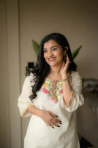 Ivory Floral Embroidered Kurta Co-Ord Set with Subtle Lace Detailing