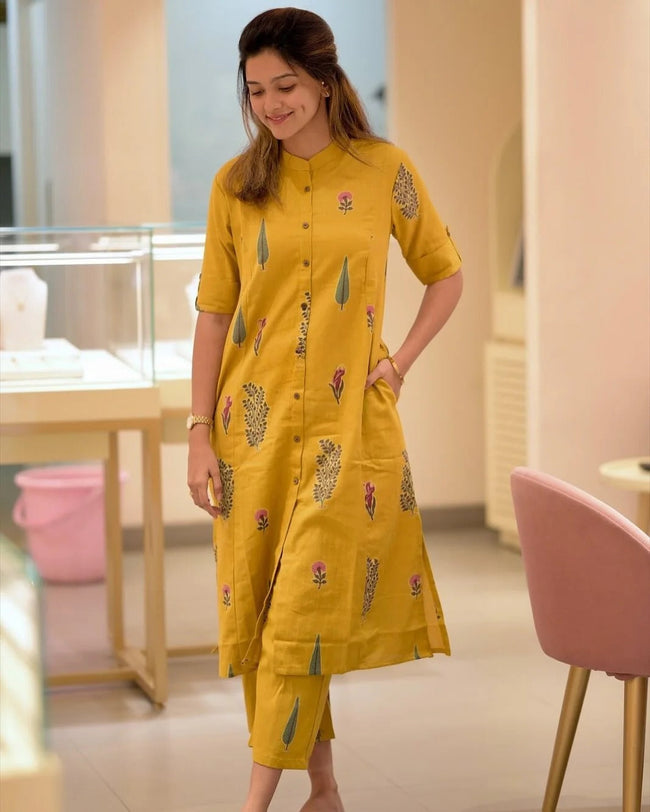 Sunlit Mustard Handblock Printed Kurta Pant Set Hover Image