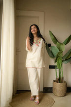 Ivory Floral Embroidered Kurta Co-Ord Set with Subtle Lace Detailing