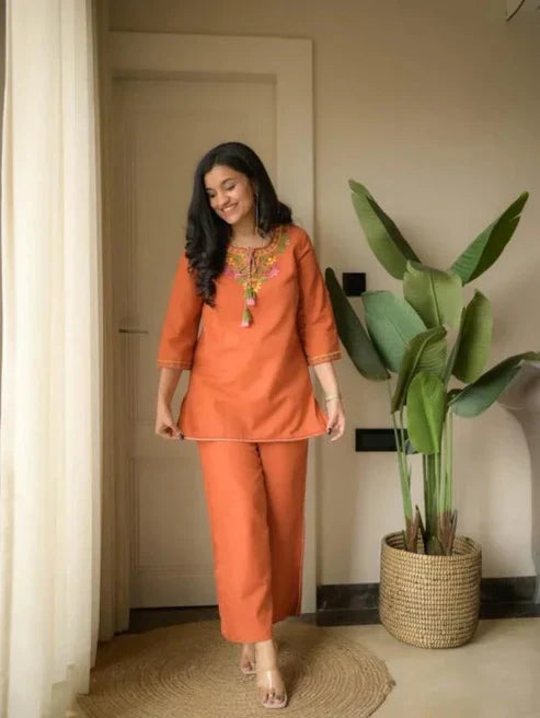 Sunset Orange Embroidered Kurta Co-Ord Set with Tassel Detailing Main Image