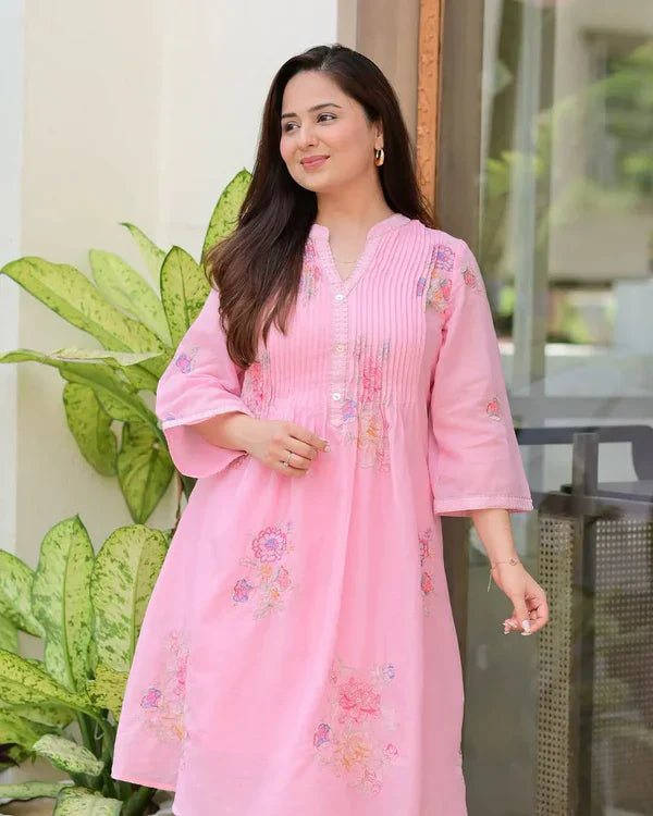 Baby Pink Mulmul Cotton Floral Printed A-Line Kurta Set with Palazzo Hover Image