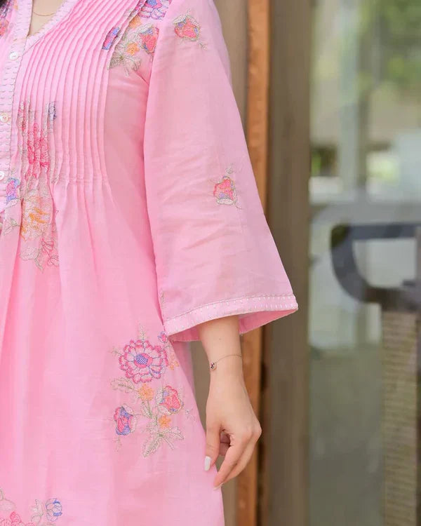 Baby Pink Mulmul Cotton Floral Printed A-Line Kurta Set with Palazzo Main Image
