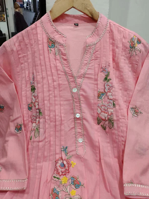 Baby Pink Mulmul Cotton Floral Printed A-Line Kurta Set with Palazzo