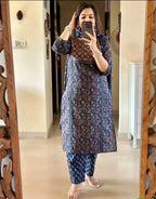 Midnight Indigo Printed Kurta Set with Elegant Dupatta