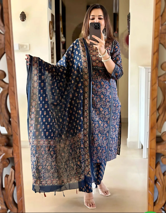 Midnight Indigo Printed Kurta Set with Elegant Dupatta Hover Image
