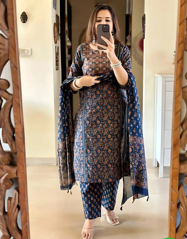 Midnight Indigo Printed Kurta Set with Elegant Dupatta Main Image