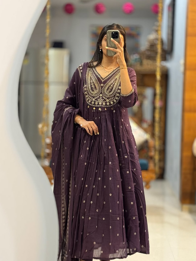 Plum Purple Heavy Embroidered Anarkali Kurta Set with Dupatta Hover Image