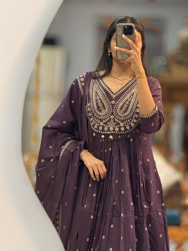 Plum Purple Heavy Embroidered Anarkali Kurta Set with Dupatta Main Image