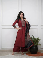 Maroon Printed Kurta Set with Contrast Dupatta