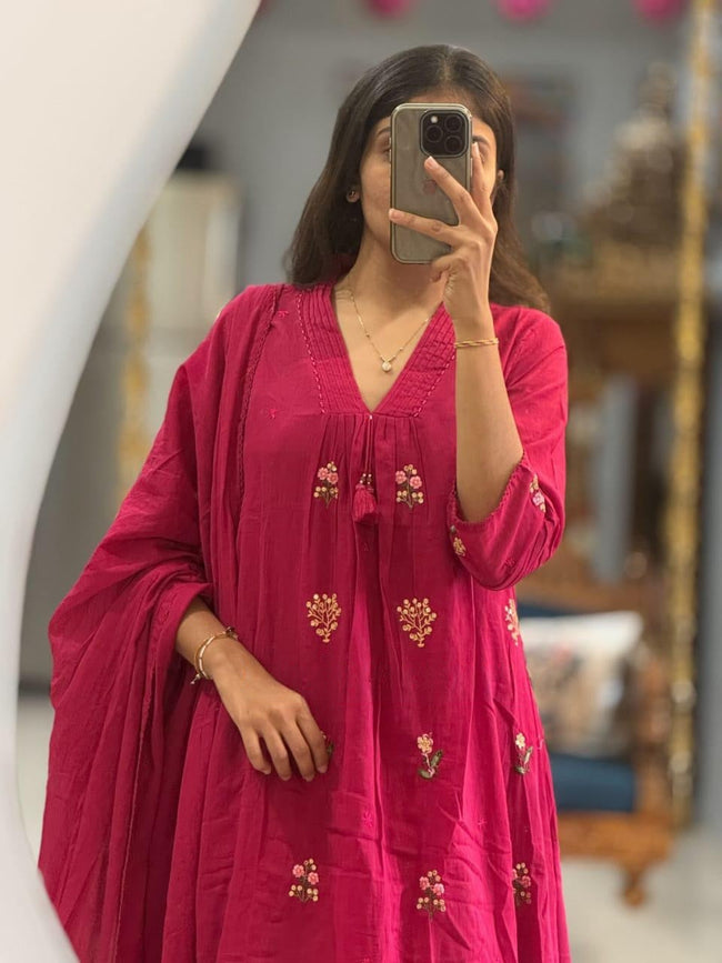 Rani Pink Embroidered Kurta Set with Dupatta Main Image